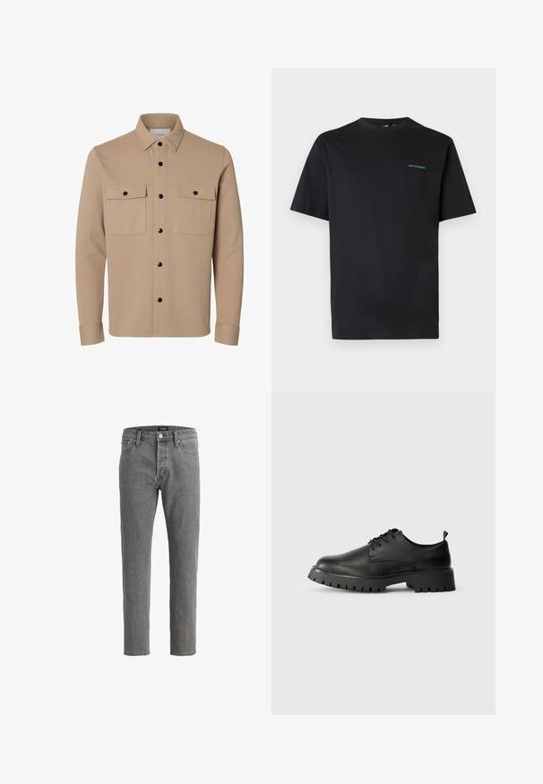 Beige Hemdjacke mit langen Ärmeln, schwarzen Druckknöpfen, zwei vorderen Klappentaschen und spitzem Kragen.; Schwarzes T-Shirt mit kurzen Ärmeln und Rundhalsausschnitt, mit kleinem grünen Text "CREATIVEWORKERS" auf der linken Brust, schlichtes Design, auf hellgrauem Hintergrund.; Graue Jeans aus Denim mit geradem Schnitt, fünf Taschen und Metallknopfverschluss. Der Stoff hat eine weiche, strukturierte Oberfläche.; Schwarze Leder Schnürschuhe mit runder Spitze, strukturierten Oberflächen und dicker Gummisohle mit tiefen Profilen für besseren Grip.