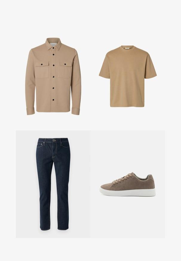 Beige Hemdjacke mit langen Ärmeln, schwarzen Druckknöpfen, zwei vorderen Klappentaschen und spitzem Kragen.; Kurzärmeliges T-Shirt mit Rundhalsausschnitt und lockerer Passform, schlichtem Design, dargestellt vor weißem Hintergrund.; Dunkelblaue Denim-Jeans mit geradem Bein, ausgestattet mit einem Knopfverschluss, fünf Taschen und kontrastierenden Nähten. Glatte Textur.; Braune Wildledersneaker mit flachen weißen Gummisohlen, Schnürdesign, abgerundete Zehen und einer glatten Textur. Minimalistischer Stil mit dezenten Nähdetails.