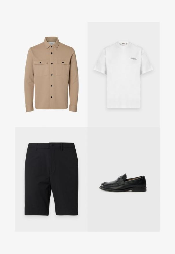 Veste-chemise beige à manches longues avec boutons-pression noirs, deux poches avant à rabat et col pointu.; T-shirt blanc à manches courtes avec un petit logo script noir "Les Classiques" sur le côté gauche de la poitrine et un col rond.; Short noir longueur genou, coupe ajustée, avec passants de ceinture et fermeture par un seul bouton, présenté sur fond blanc uni.; Mocassins en cuir noir avec une finition lisse, dotés d'une bande supérieure texturée, d'un talon bas et de détails de couture minimalistes.
