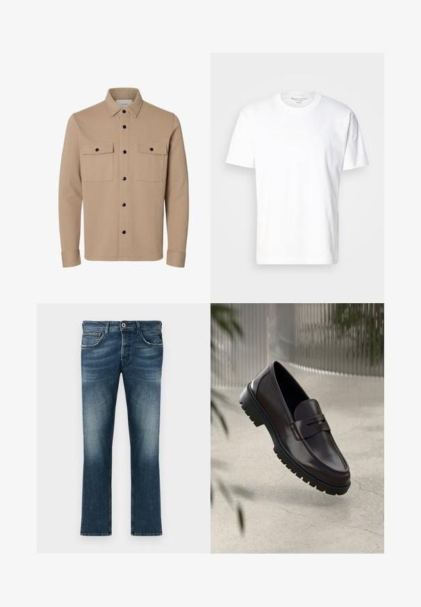 Beige skortejakke med lange ærmer, sorte trykknapper, to forlommer med klap og spids krave.; Hvid bomulds t-shirt med rund hals og korte ærmer. Har en diskret logo detalje på fronten. Glat tekstur, afslappet pasform.; Denim jeans i mørkeblå med en falmet vask. Har klassisk fem-lomme design, lige pasform og en rød accentknap.; Brune læder loafers med en tekstureret, rippet gummisål. Har et slankt design og et dekorativt bånd over vristen.