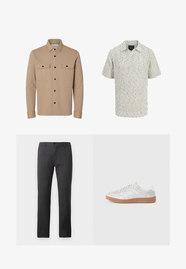 Chaqueta camisa beige de manga larga con botones a presión negros, dos bolsillos delanteros con solapa y cuello puntiagudo.; Polo de punto de manga corta en color crema con estampado jaspeado y textura de canalé, con cuello pequeño y abertura en pico.; Pantalones negros de tejido suave, con un diseño de pierna recta, bolsillos delanteros y cierre de botón. Estilo minimalista y versátil.; Zapatillas plateadas con una textura suave, diseño de cordones, acentos perforados y una suela de goma marrón texturizada.
