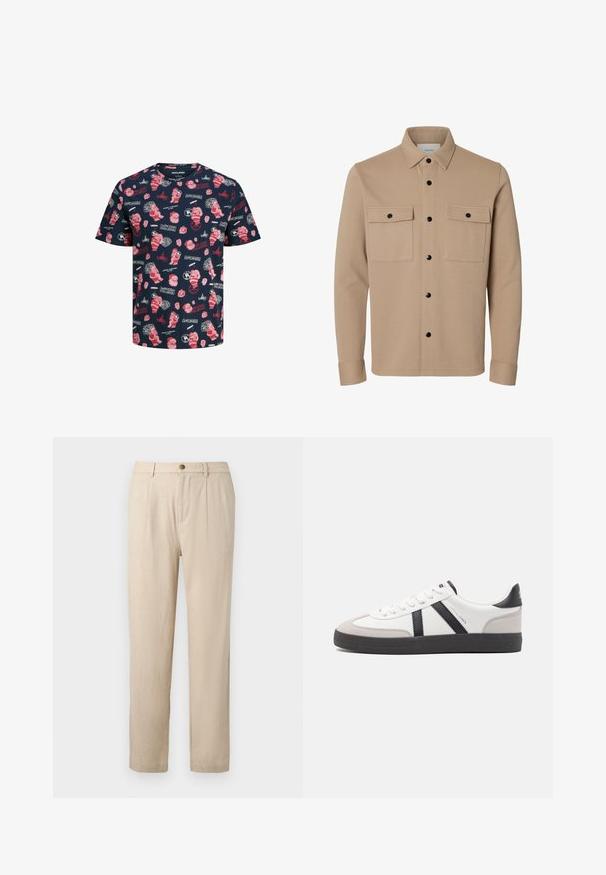 Veste-chemise beige à manches longues avec boutons-pression noirs, deux poches avant à rabat et col pointu.; T-shirt à manches courtes bleu marine avec des imprimés de Noël rouges et blancs, incluant le Père Noël, des cadeaux et des textes festifs dans divers designs.; Pantalon beige sur mesure avec plis devant, fermeture par bouton, passants de ceinture et coupe droite.; Baskets blanches avec des accents noirs et gris, présentant un embout texturé gris, une semelle en caoutchouc noir et des lacets plats blancs. Design épuré, style minimaliste.