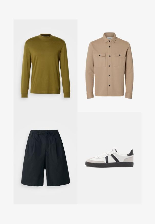Beige overhemdjack met lange mouwen, zwarte drukknoopsluitingen, twee voorzakken met klep en een puntige kraag.; Olijfgroene longsleeve turtleneck shirt van zacht materiaal, met een getailleerd ontwerp en ribbelboorden bij de nek en manchetten.; Zwarte shorts met een elastische tailleband en een verstelbare koord. Gemaakt van een gladde stof, met een losse pasvorm en geen zichtbare patronen.; Witte sneaker met zwarte en grijze accenten, voorzien van een grijze neus met textuur, zwarte rubberen zool en platte witte veters. Schoon ontwerp, minimalistische stijl.