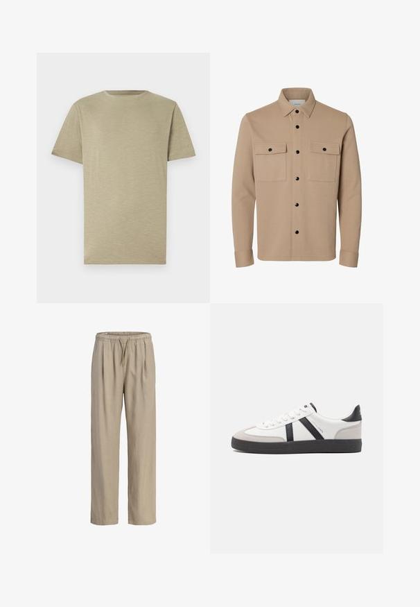 Beige overhemdjack met lange mouwen, zwarte drukknoopsluitingen, twee voorzakken met klep en een puntige kraag.; Licht kaki t-shirt, korte mouwen, ronde hals, zachte textuur, gladde stof, zonder patronen of accenten, rechte snit, neutrale kleur.; Beige losse broek met elastische tailleband en trekkoord, rechte pijpen en zijzakken.; Witte sneaker met zwarte en grijze accenten, voorzien van een grijze neus met textuur, zwarte rubberen zool en platte witte veters. Schoon ontwerp, minimalistische stijl.