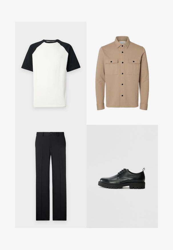 Veste-chemise beige à manches longues avec boutons-pression noirs, deux poches avant à rabat et col pointu.; T-shirt raglan à manches courtes avec corps blanc et manches et col noirs, présenté sur fond blanc.; Pantalons noirs ajustés avec une coupe droite, en tissu lisse, avec des plis avant et une fermeture à bouton unique à la taille.; Chaussure en cuir noir à bout arrondi, présentant un design à lacets, une semelle en caoutchouc noire robuste et un petit onglet de talon à l'arrière.