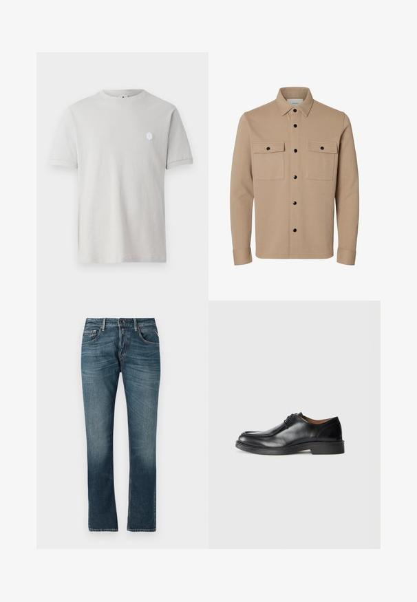 Beige Hemdjacke mit langen Ärmeln, schwarzen Druckknöpfen, zwei vorderen Klappentaschen und spitzem Kragen.; Helles graues Baumwoll-T-Shirt mit kurzen Ärmeln, rundem Ausschnitt und einem kleinen hexagonalen weißen Logo auf der oberen linken Seite. Glatte Textur.; Blaue Jeans aus Denim mit geradem Bein, faded Waschung, Fünf-Taschen-Design und kontrastierender Nähten. Knopf- und Reißverschluss.; Schwarze Leder-Dressschuhe mit abgerundetem Zehenbereich, glatter Oberfläche, Schnürdetails und einer niedrigen, strukturierten Gummisohle. Saubere Linien und minimalistisches Design.