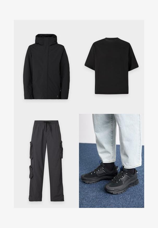 Zwarte waterdichte jas met een hoge kraag en capuchon, voorzien van een minimalistisch ontwerp, lange mouwen en een logo-label aan de onderzijde.; Zwarte T-shirt met korte mouwen in een losse pasvorm, gemaakt van zachte katoen, met een ronde halslijn en een minimalistisch ontwerp.; Zwarte cargo broek gemaakt van lichtgewicht stof met een elastische tailleband, verstelbare trekkoord, meerdere zijzakken en omgeslagen broekspijpen.; Zwarte sportschoenen met gestructureerde stof en rubberen zolen, met elastische veters en een blauwe accent op de hiel. Draag samen met lichte spijkerbroeken.