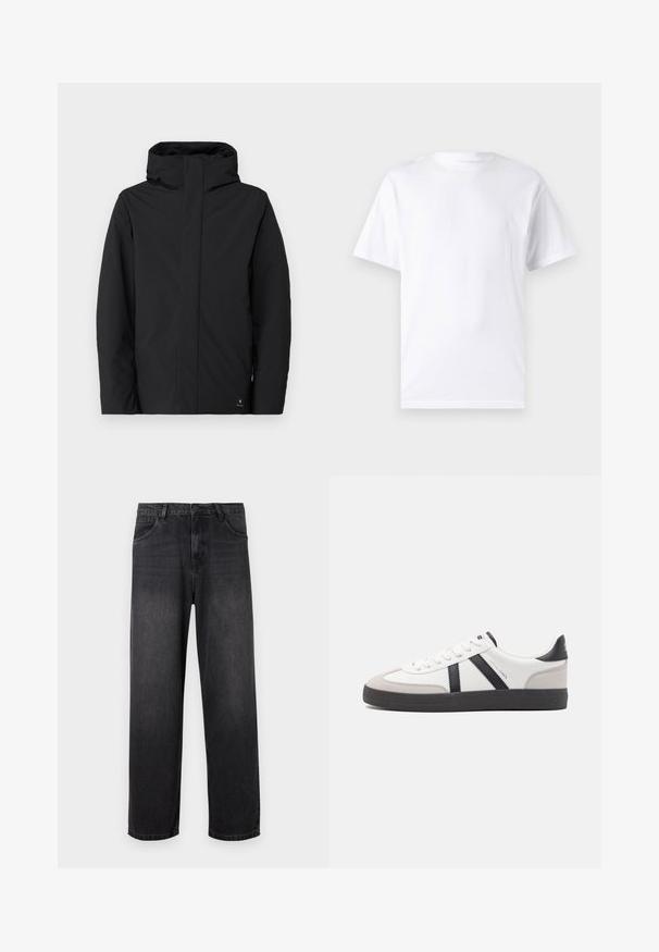 Veste imperméable noire avec un col montant et une capuche, présentant un design minimaliste, des manches longues et une étiquette logo sur le bas.; T-shirt blanc à manches courtes en coton avec un col rond, présentant une texture lisse et un design simple, sans motifs ni accents.; Jeans en denim gris foncé avec un design à jambe droite, dotés d'une fermeture éclair, de cinq poches et de légères décolorations sur le tissu.; Baskets blanches avec des accents noirs et gris, présentant un embout texturé gris, une semelle en caoutchouc noir et des lacets plats blancs. Design épuré, style minimaliste.
