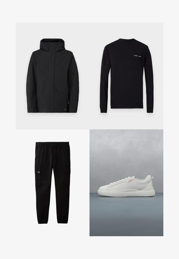 Sort vandtæt jakke med høj krave og hætte, der har et minimalistisk design, lange ærmer og et logo på den nederste side.; Sort langærmet T-shirt lavet af bomuld, med rund hals og to hvide "SAMSØE" logo-tryk på venstre bryst.; Sorte cargobukser med elastisk talje og manchetter, knap- og lynlås-lukning samt klaplommer på hvert lår.; Hvide sneakers med en glat læderfinish, rund tå, fire snørehuller, subtile perforeringer og en rød logo detalje på siden.