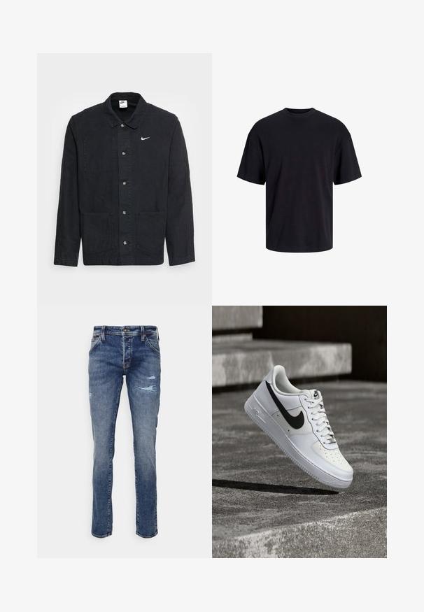 Chaqueta de algodón negra con cuello, cierre frontal de botones, dos bolsillos de parche y un pequeño logotipo blanco de Nike en el lado izquierdo del pecho.; Camiseta de algodón negra con cuello redondo, mangas cortas y un ajuste relajado. Textura suave y sin patrones ni acentos visibles.; Jeans de mezclilla azul con corte recto, que presentan un ligero desgaste y áreas deshilachadas en las rodillas. Diseño clásico de cinco bolsillos, con cierre de cremallera.; Zapatilla blanca Nike Air Force 1 con el logo Swoosh negro, cordones atados, posicionada en el aire sobre una superficie de concreto texturizado al aire libre.