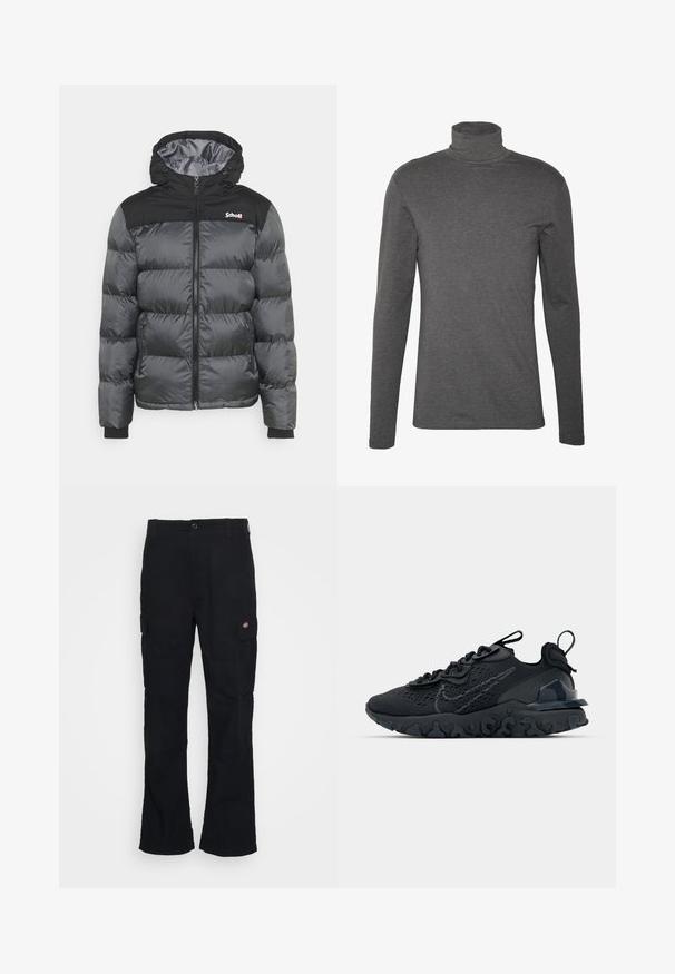 Schott UTAH - Winterjacke - anthracite; Graues Langarm-Turtleneck-Shirt aus weichem Stoff, mit taillierter Passform und minimalen Nähten am Hals und an den Bündchen.; Schwarze Cargo-Hose mit geradem Bein, aus strapazierfähigem Stoff gefertigt, mit Seitentaschen und einem aufgenähten Logo auf der linken Seite.; Schwarzer Sportschuh mit atmungsaktivem Mesh-Obermaterial, strukturierten Akzenten und einer wellenförmigen Gummisohle. Verfügt über ein reflektierendes Logo und ein Schnürsystem.