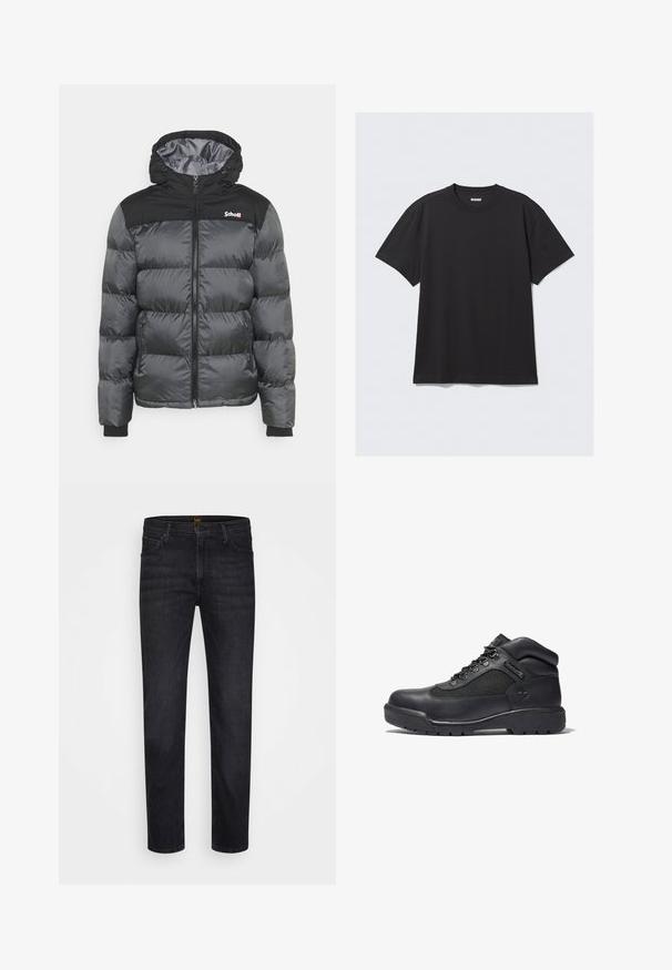 Schott UTAH - Winterjacke - anthracite; Schwarzes T-Shirt mit kurzen Ärmeln aus Baumwolle. Hat einen Rundhalsausschnitt und eine lockere Passform. Einfaches Design ohne sichtbare Muster oder Akzente.; Schwarze gerade geschnittene Jeans mit Vorderentaschen und Gürtelschlaufen, vor einem schlichten weißen Hintergrund präsentiert.; Schwarze Wanderstiefel aus Leder und Mesh, mit gepolstertem Kragen, Schnürverschluss, Gummisohle mit Profil und geprägtem Logo.