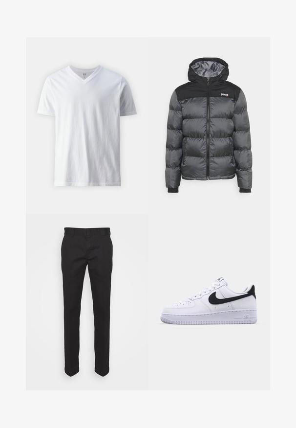 Schott UTAH - Winterjacke - anthracite; Kurzärmliges, V-Ausschnitt T-Shirt aus Baumwolle in Weiß. Hat ein einfaches Design mit glatter Textur und lockerer Passform.; Schwarze Chinos aus Baumwollmischung, mit geradem Bein, glatter Textur und standardmäßigen Gürtelschlaufen. Keine sichtbaren Muster oder Akzente.; Weißes Leder-Sneaker mit einem strukturierten schwarzen Swoosh, flachen Schnürsenkeln und einer Gummisohle mit genoppetem Muster. "AIR" ist auf der Ferse eingeprägt.
