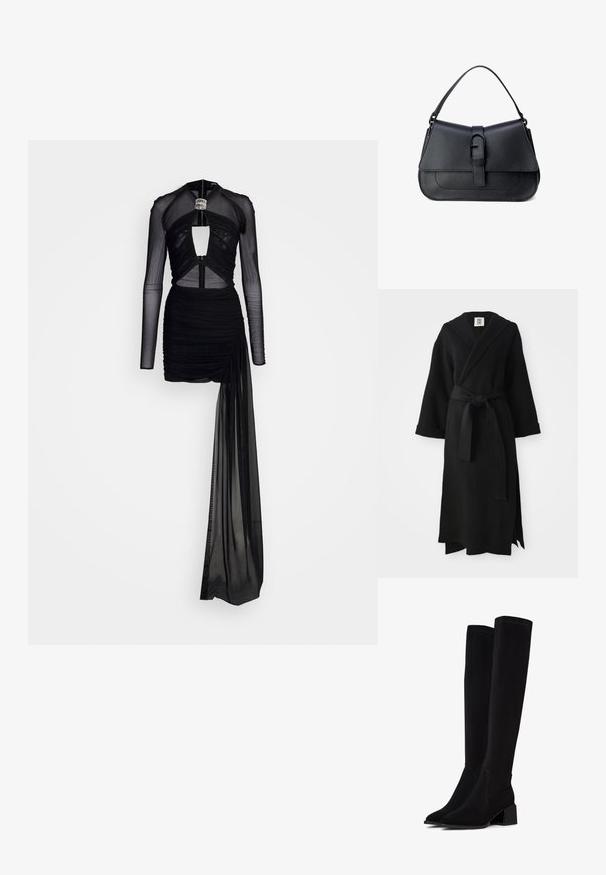 Sort lang kappe lavet af blødt stof, med sjal-krave, lange ærmer, taljebånd og en sideslids. Simpelt og minimalistisk design.; David Koma CRYSTAL BUCKLE DIAMOND CUTOUT MINI DRESS - Cocktailkjole / festkjole - black/silver; Sorte over-kneeboots lavet af blødt, tekstureret materiale. Har en blokhæl, spids tå og synlige sømdetaljer.; Sort læderhandtaske med en struktureret design, glat tekstur, justerbar skulderrem og en frontklap med kliklåsdetalje.
