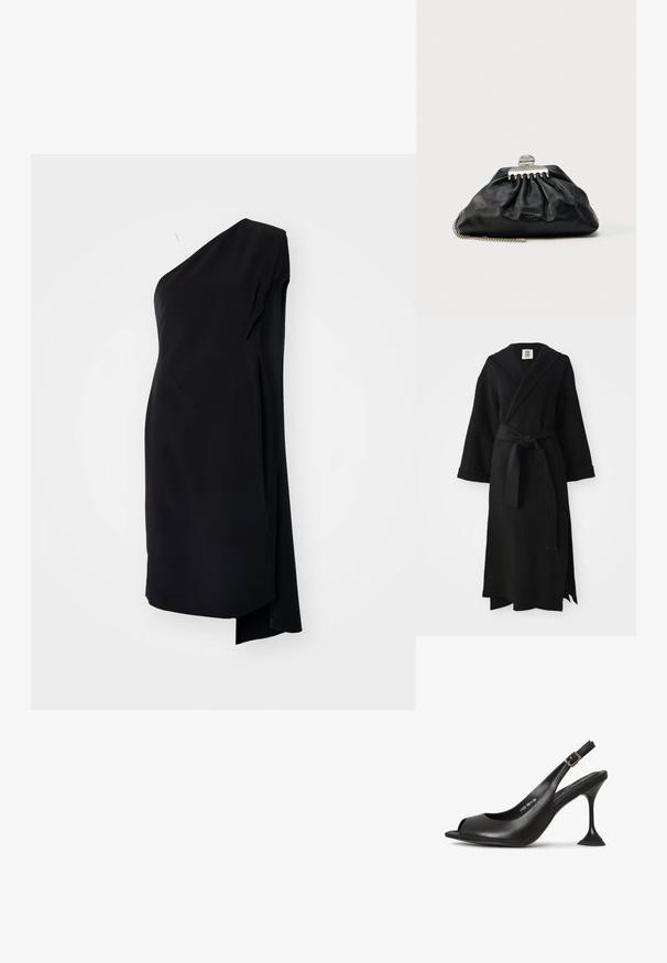 Sort lang kappe lavet af blødt stof, med sjal-krave, lange ærmer, taljebånd og en sideslids. Simpelt og minimalistisk design.; Sort asymmetrisk kjole med én skulder, lavet af glat stof, med en draperet design og en sideslids for ekstra detaljer.; Sort læder slingback hæl med åben tå, spids form, smal hæl der udvider sig, og en firkantet base. Tekstureret overflade og spænde detaljer.; Sort læderclutch med samlet design, sølv hardware-lås og kæderem. Diskret logo præget foran.