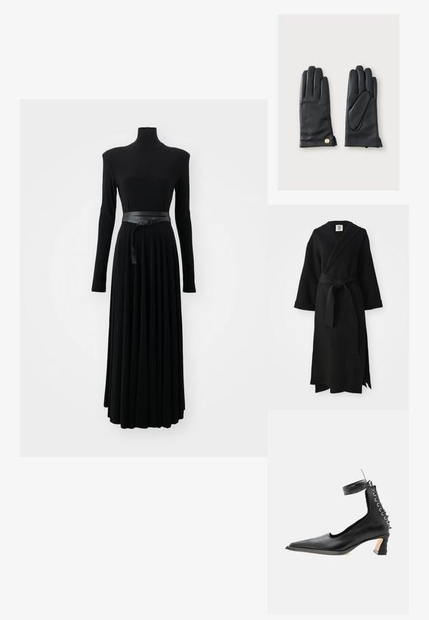 Sort lang kappe lavet af blødt stof, med sjal-krave, lange ærmer, taljebånd og en sideslids. Simpelt og minimalistisk design.; Norma Kamali SHOULDER PAD TURTLE FLARED DRESS TO MIDCALF - Jerseykjole - black; Sort lavhælet lædersko med spids tå, snøredetalje bagpå og ankelrem mod en ensartet hvid baggrund.; Par sorte læderhandsker med syningsdetaljer og en lille guldknap på håndleddet, vist på en ensartet lys baggrund.