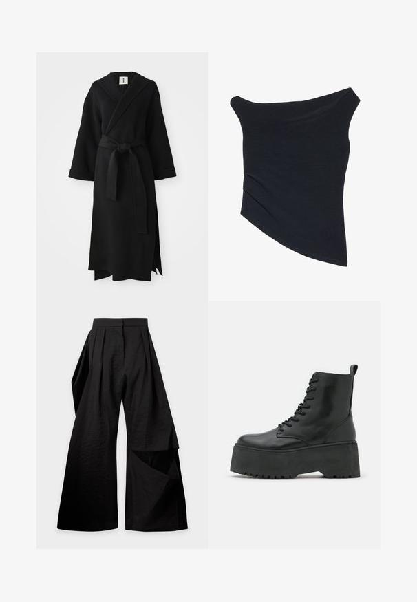 Sort lang kappe lavet af blødt stof, med sjal-krave, lange ærmer, taljebånd og en sideslids. Simpelt og minimalistisk design.; Sort, off-shoulder top med en tætsiddende design, asymmetrisk kant og blød, glat tekstur. Den har samlet stof ved halsudskæringen.; Sort viddebukser med læg ved taljen og et overlappende stofstykke på højre ben.; Sorte ankelstøvler med en kraftig platformssål, lavet af glat læder, med snørebåndsdesign og en træktab bagpå.