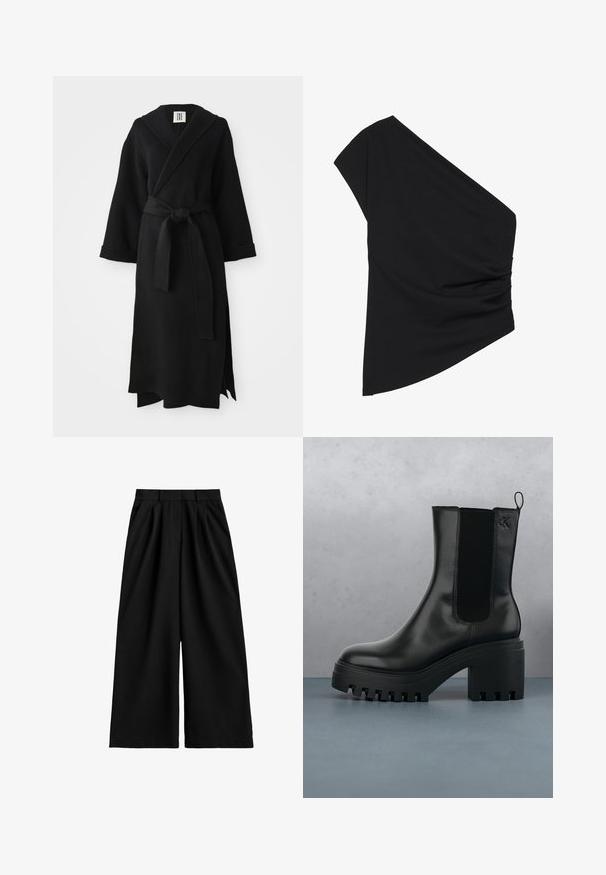 Sort lang kappe lavet af blødt stof, med sjal-krave, lange ærmer, taljebånd og en sideslids. Simpelt og minimalistisk design.; Sort top med én skulder lavet af strækbart stof, med en detaljeret ruched side og en asymmetrisk kant. Glat tekstur med let fald.; Sorte bukser med vide ben og høj talje, udstyret med bæltestropper, frontplisseringer og en ren, glat stoffinish.; Sort læder ankelstøvle med rund tå, kraftig platformssål og mesh-sidede accenter. Har en trækflig for nem påtagning.