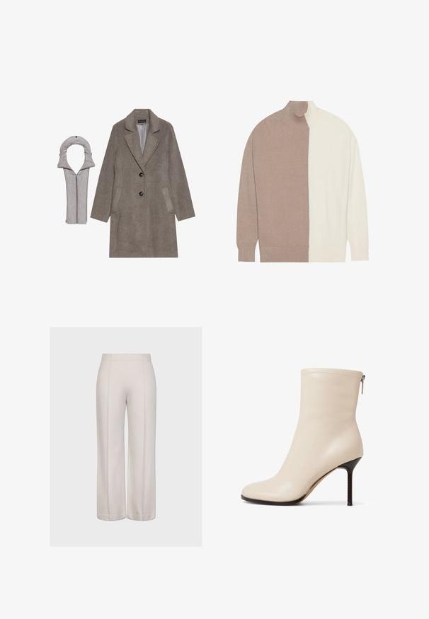 Uldblandingsfrakke i grå med knapkrave, to knapper, sidelommer og en aftagelig grå polstret krave. Glat indvendig foring er synlig.; Turtleneck sweater med en farveblokdesign i lys beige og creme, lavet af blødt strikkemateriale, med ribbede manchetter og kant.; Videbenede bukser i lys beige stof med en glat tekstur. Har to lodrette sømme og en ensartet, ren skæring ved kanten.; Beige læderankelstøvle med et tætsiddende design, spids tå og en tynd høj hæl. Har lynlås i siden for nem påtagning.