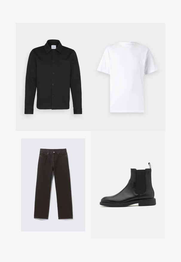 Sort knapjakke lavet af glat stof, med krave, forlommer og manchetter. Ingen synlige mønstre eller accenter.; Hvid kortærmet t-shirt lavet af bomuld med rund hals, der har en glat tekstur og et simpelt design uden mønstre eller accenter.; Svarte denimjeans med straight-leg design, fem lommer og kobberfarvet syning. Glat tekstur, klassisk knaplukning i taljen.; Sort læder ankelstøvle med glat overflade, elastiske sidepaneler og en trækstrop. Rund tå og flad gummisål med minimal mønster.