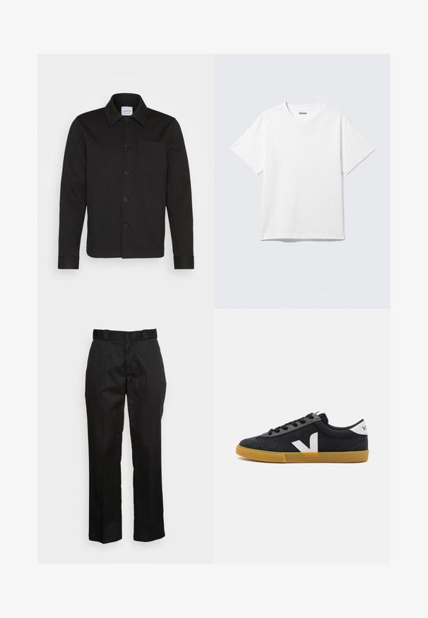 Veste noire à boutons, en tissu lisse, dotée d'un col, d'une poche avant et de manches à poignet. Pas de motifs ni d'accents visibles.; T-shirt blanc à manches courtes et col rond, étalé à plat, design uni, avec l'étiquette "WEEKDAY" à l'intérieur du col sur un fond clair.; Pantalons noirs en tissu lisse, avec une coupe droite, des passants de ceinture et deux poches latérales. Look classique sans embellissements.; Baskets noires en toile avec une coque en daim, logo blanc, lacets noirs et semelle en caoutchouc beige. Design minimaliste et silhouette basse.