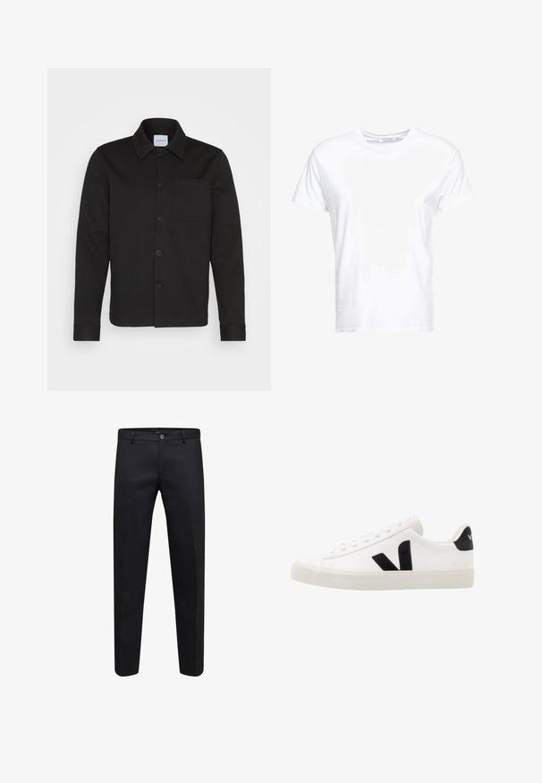 Chaqueta negra de botones en tejido suave, con cuello, bolsillo delantero y mangas con puños. Sin patrones ni adornos visibles.; Camiseta de algodón blanca con cuello redondo y mangas cortas, con un corte clásico y una textura suave. Sin patrones ni elementos metálicos visibles.; Pantalones formales negros con cierre de botón y cremallera, corte recto y trabillas para cinturón, mostrados sobre un fondo blanco.; Zapatilla de cuero blanca con acentos de ante negro; presenta una suela de goma, puntera redonda y un diseño clásico de cordones. Logo lateral en negro.