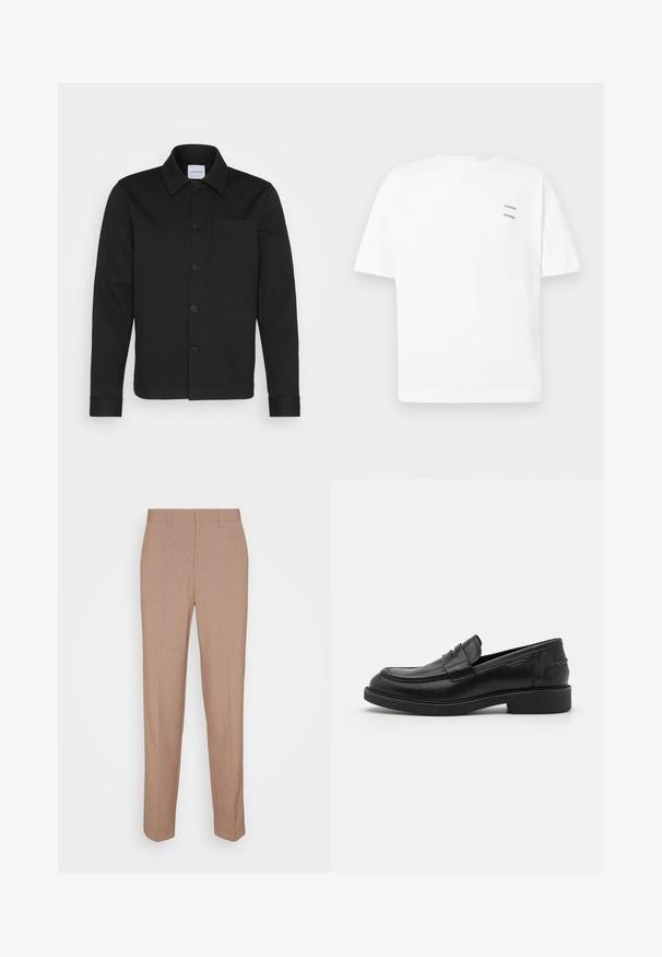 Veste noire à boutons, en tissu lisse, dotée d'un col, d'une poche avant et de manches à poignet. Pas de motifs ni d'accents visibles.; T-shirt blanc en coton avec une coupe décontractée, des manches courtes et un col en V. Présente deux petits logos noirs imprimés sur le côté gauche.; Pantalon beige sur mesure en tissu lisse et texturé. Coupe droite avec une taille à la taille et sans ornements visibles ni poches.; Mocassins en cuir noir avec un bout arrondi, des coutures ton sur ton et un détail de sangle à l'avant. Semelle en caoutchouc avec un petit talon.