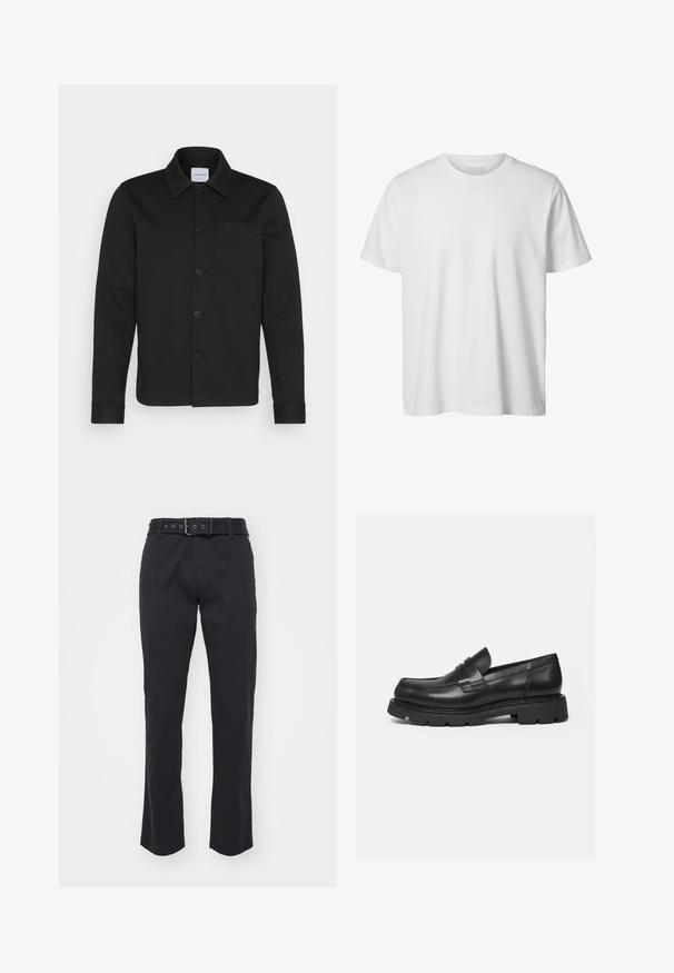Zwarte button-up jas gemaakt van een gladde stof, met een kraag, een voorzak en omgeslagen mouwen. Geen zichtbare patronen of accenten.; Eenvoudig wit T-shirt met korte mouwen en ronde hals, losse pasvorm en zonder zichtbare logo's of ontwerpen aan de voorkant.; Zwarte katoenen broek met een recht model, voorzien van een riem met een metalen gesp en vijf riemlussen. Glad oppervlak zonder zichtbare patronen.; Zwarte leren loafer met dikke geribbelde zool en pennyriemdetail, getoond in rechter zijprofiel op witte achtergrond.
