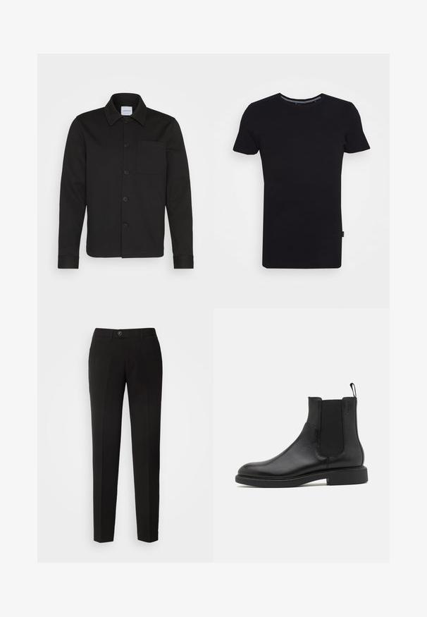 Zwarte button-up jas gemaakt van een gladde stof, met een kraag, een voorzak en omgeslagen mouwen. Geen zichtbare patronen of accenten.; Lindbergh T-shirt basic - black; Zwarte rechte broek van gladde stof, met een knoopsluiting en zijzakken in een klassiek ontwerp.; Zwarte leren enkelboot met een gladde textuur, elastische zijpanelen en een trekhaak. Ronde neus en platte rubberen zool met minimale profiel.
