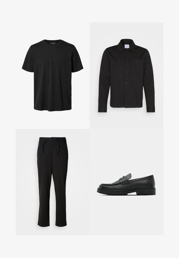 Sort knapjakke lavet af glat stof, med krave, forlommer og manchetter. Ingen synlige mønstre eller accenter.; Sort kortærmet t-shirt med rund halsudskæring, normal pasform og uden synligt design eller mærkning foran.; Sorte strikbukser med snoreliv, lige ben og sidelommer. Blød tekstur med en glat overflade.; Sorte læder loafers med rund tå, der har et syet design, lav platformssål og en struktureret, skridsikker gummisål.