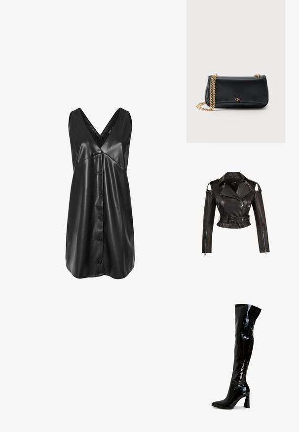 Chaqueta negra de cuero recortada con hombros recortados, cremalleras plateadas en las mangas, cremallera frontal, botones de presión y cintura con cinturón.; Vestido negro sin mangas de cuero sintético con escote en V, botonadura en la parte frontal y dobladillo ligeramente acampanado.; Botas hasta el muslo de charol negro con punta afilada, tacón cuadrado y textura lisa y brillante. No tienen herrajes visibles.; Bolso de hombro de cuero negro con correa de cadena dorada y pequeño logo dorado "cK" centrado en la solapa frontal sobre un fondo liso.