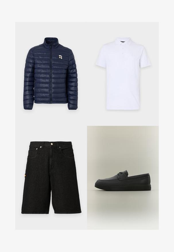 Navyblå dunjakke med høj krave, quiltet design, sidelommer og et lille logo på brystet. Glat tekstur.; Hvid polo shirt lavet af blød bomuld, med en klassisk krave, tre-knaps placket og et lille, præget logo på brystet.; Sorte denimshorts med et klassisk fem-lomme design, sølvhardware og en diskret orange detalje på sidelommen.; Sort afslappet læderloafer med snøredetaljer og tyk gummisål, vist fra siden på en neutral baggrund.