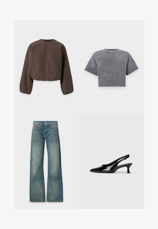 Veste courte marron avec manches longues ballon, fermeture éclair frontale et poches latérales verticales sur fond blanc.; T-shirt gris court avec une texture délavée et usée, manches courtes larges, sur fond blanc uni.; Jean en denim bleu à lavage délavé, taille haute, jambes larges, bouton et fermeture éclair devant, cinq poches, présenté sur un fond uni.; Escarpins en cuir verni noir avec un bout pointu et un petit talon carré. Sangle réglable à la cheville avec boucle.