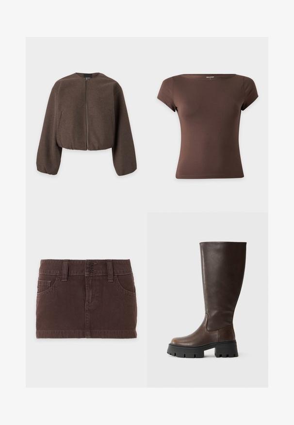Bruine cropped jas met lange ballonmouwen, ritssluiting aan de voorkant en verticale zijzakken op een witte achtergrond.; Eenvoudig bruin aansluitend T-shirt met korte mouwen en een brede hals, met Hollister-label maat small tegen een witte achtergrond.; Bruine denim minirok met voorzakken, ceintuurlussen en dubbele knoopsluiting tegen een effen lichte achtergrond.; Bruine laars tot de knie gemaakt van glad synthetisch leer, met een robuuste zwarte plateauzool en minimale stiksels voor een strakke uitstraling.