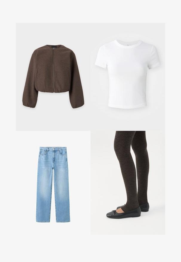 Veste courte marron avec manches longues ballon, fermeture éclair frontale et poches latérales verticales sur fond blanc.; T-shirt courte à manches courtes, blanche, avec un col rond, présentée sur un fond neutre et lumineux.; Jean en denim bleu clair avec une coupe droite, style cinq poches, passants pour ceinture et légère décoloration pour un look décontracté.; Jambes portant des leggings côtelés foncés associés à des ballerines noires avec de petits détails en nœud sur fond blanc.