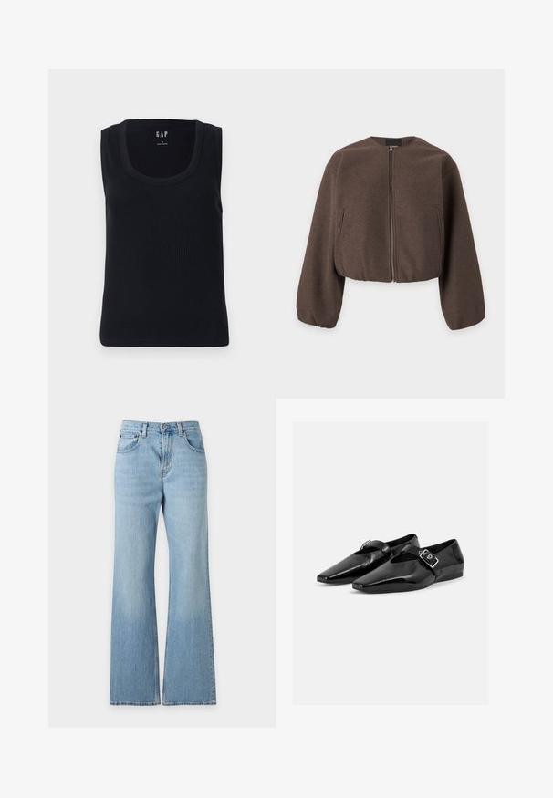Veste courte marron avec manches longues ballon, fermeture éclair frontale et poches latérales verticales sur fond blanc.; Débardeur noir à côtes avec un col rond, design sans manches et silhouette ajustée. Étiquette affichée en haut au centre.; Jean en denim bleu clair à taille haute, cinq poches, passants de ceinture, fermeture à bouton et jambes larges évasées, présenté sur un fond uni.; Paire de chaussures plates en cuir verni noir à bouts pointus avec une bride à boucle sur le dessus, montrée sur un fond clair uni.