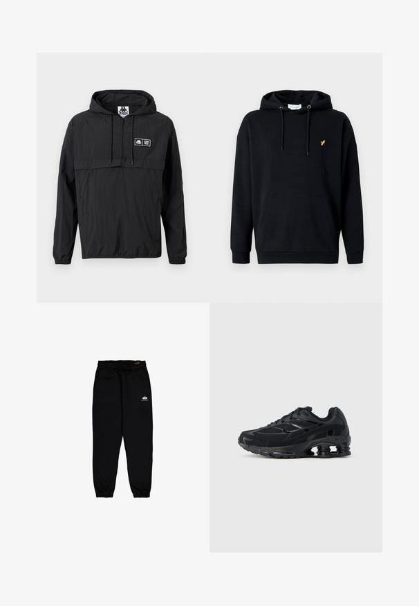 Mustan vetoketjullisen, hupullisen ja kevyen takin etupuolella on puolivetoketju, kiristysnauhat, joustavat hihansuut sekä vasemmassa rinnassa pieni suorakaiteen muotoinen Kappa-logopläkki.; Musta, puuvillainen hupullinen collegepaita, jossa etutasku ja vasemmassa rinnassa pieni keltainen lintumerkki. Hupussa kiristysnauha.; Mustat juoksuhousut, jotka on valmistettu pehmeästä, joustavasta kankaasta. Ominaisuuksiin kuuluu joustava vyötärö, jossa on nauhakiinnitys, sekä joustavat hihnat. Pieni valkoinen logo lanteella.; Musta urheilukenkä, jossa on verkkopäällinen, pehmustettu kaulus ja näkyvä iskunvaimennusteknologia kantapäässä. Sisältää teksturoituja yksityiskohtia ja nauhat.