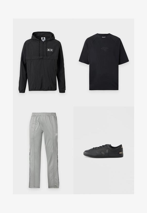 Veste légère noire à capuche avec demi-fermeture éclair à l'avant, cordons de serrage, poignets élastiques et petit patch logo rectangulaire Kappa sur la poitrine gauche.; T-shirt noir à manches courtes avec col rond, arborant un logo Umbro subtilement embossé au centre de la poitrine.; Pantalons de sport Umbro gris clair avec taille élastique et bandes latérales noir et blanc, présentés sur un fond blanc.; Baskets en cuir noir avec une surface texturée, bout arrondi, fermeture à lacets et un marquage discret sur le côté et le talon.