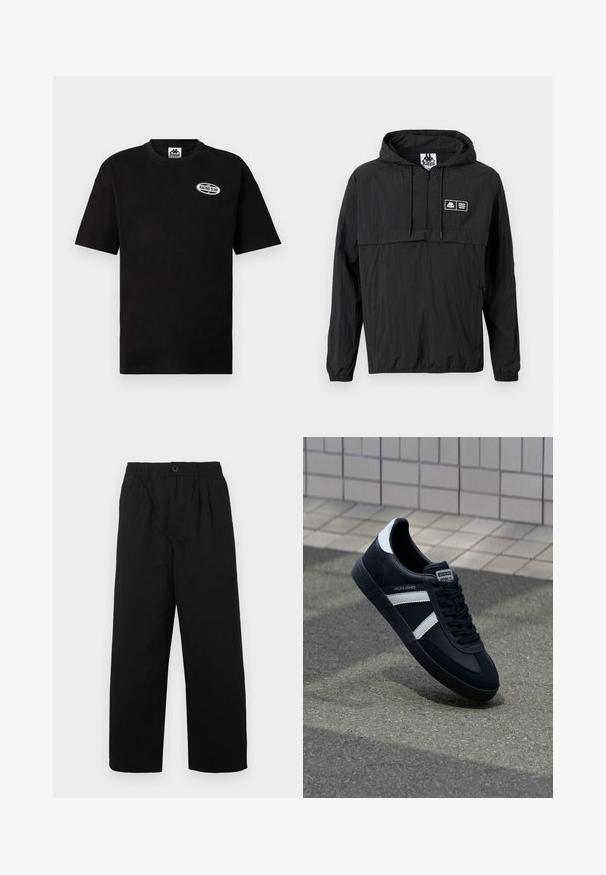 Veste légère noire à capuche avec demi-fermeture éclair à l'avant, cordons de serrage, poignets élastiques et petit patch logo rectangulaire Kappa sur la poitrine gauche.; T-shirt noir à manches courtes de la marque Kappa avec le logo ovale "Racing Club" sur le haut côté gauche de la poitrine et un col rond.; Pantalons noirs à jambes larges avec une taille élastique et une fermeture à bouton. Fabriqués en tissu doux, avec une texture subtile et sans motifs.; Sneaker en cuir noir avec des rayures blanches, semelle en caoutchouc texturée et devant à lacets. Présente une étiquette de marque sur la languette.