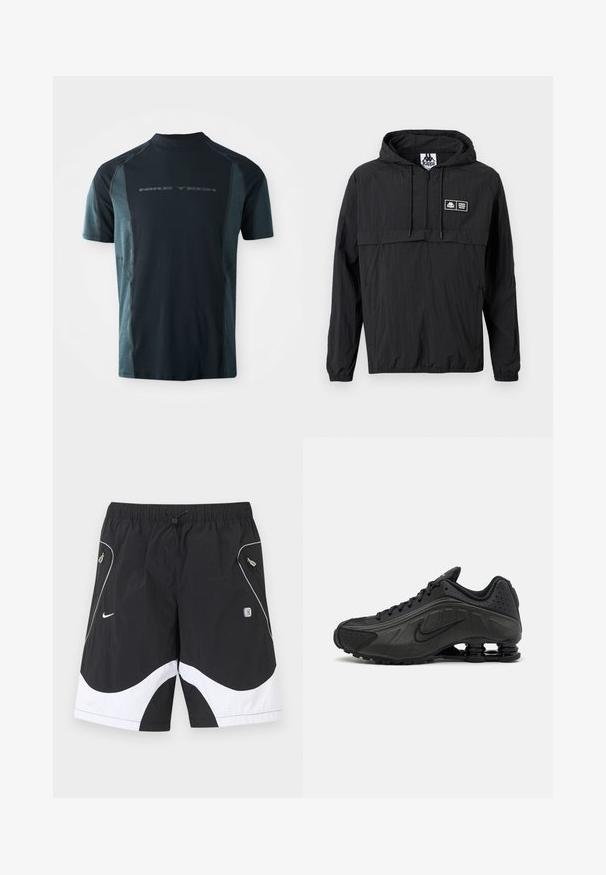 Schwarze, leichte Kapuzenjacke mit vorderem Halb-Reißverschluss, Kordelzügen, elastischen Bündchen und einem kleinen rechteckigen Kappa-Logo-Patch auf der linken Brust.; Kurzärmliges Nike Tech-Shirt mit einem dunkelblauen Körper, hellblauen seitlichen Einsätzen und einem hohen Kragen. Logo auf der Vorderseite gedruckt.; Schwarz-weiße Nike-Sportshorts mit elastischem Bund, Kordelzug, seitlichen Reißverschlusstaschen und reflektierendem Besatz an den Vorderpaneelen.; Schwarze Laufschuhe mit einem glatten synthetischen Obermaterial, durchbrochenen Akzenten, strukturierten Seitenpaneelen und einer ausgeprägten federnden Sohle.