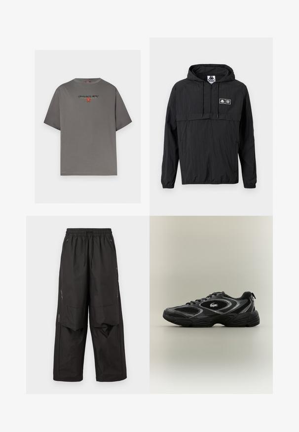Veste légère noire à capuche avec demi-fermeture éclair à l'avant, cordons de serrage, poignets élastiques et petit patch logo rectangulaire Kappa sur la poitrine gauche.; T-shirt gris à manches courtes avec le logo "OAKLEY" et un petit graphisme rouge centré sur la poitrine, présenté sur un fond blanc uni.; Pantalon ample noir avec taille élastique, poches zippées à l'avant, panneaux aux genoux et détails réfléchissants subtils sur les côtés.; Baskets de sport noires et grises avec des panneaux en mesh, un design à lacets, une semelle épaisse et un petit logo de crocodile sur le côté.