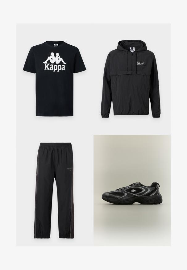 Veste légère noire à capuche avec demi-fermeture éclair à l'avant, cordons de serrage, poignets élastiques et petit patch logo rectangulaire Kappa sur la poitrine gauche.; T-shirt noir à manches courtes avec logo Kappa blanc présentant deux silhouettes assises dos à dos et le nom de la marque en dessous.; Pantalon de sport noir avec taille et chevilles élastiques, doté de bandes latérales et d'un petit logo New Balance sur le haut de la cuisse gauche.; Baskets de sport noires et grises avec des panneaux en mesh, un design à lacets, une semelle épaisse et un petit logo de crocodile sur le côté.