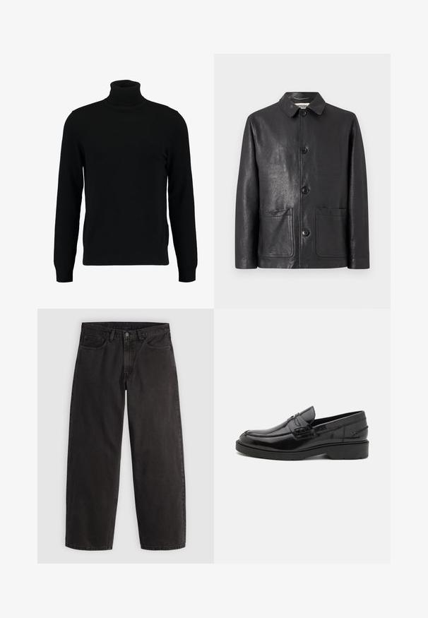 Veste en cuir noire à texture lisse, col classique, fermeture avant à boutons et deux poches plaquées. Détails de couture subtils sur les bords.; Un pull à col roulé noir en matière tricotée douce. Il possède des manches longues, un col et un ourlet côtelés. Son design est simple et épuré, sans motifs.; Jean denim noir à coupe droite, cinq poches et passants pour ceinture, présenté à plat sur un fond clair uni.; Mocassins en cuir noir avec une finition lisse, un bout rond, un petit talon et descoutures décoratives à l'avant. Semelle en caoutchouc pour l'adhérence.