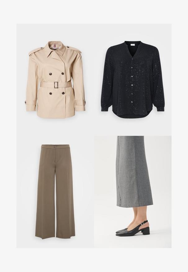 Beige trenchcoat med dobbeltradede knapper, skulderepauletter, bælte i taljen og knapper ved ærmekanterne. Glat tekstur, klassisk design.; Sort langærmet skjorte med V-hals, der har sølvprikker, knaplukning foran og en buet søm, lavet af blødt stof.; Breddebenede bukser i en ensfarvet brun stof, med knaplukning, glat for og blød tekstur, designet til en afslappet pasform.; Sorte læder slingback sko med spids tå, blokhæl og kontrasterende lyserød hælafslutning. Glat tekstur med minimalistisk design.