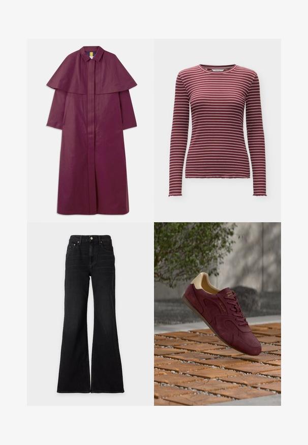 Manteau long violet avec un design structuré à cape, col et fermeture éclair frontale. Confectionné dans un matériau lisse avec une texture unie.; Chemise côtelée bordeaux à manches longues avec des rayures blanches horizontales et un col rond, présentée sur un fond clair.; Jean noir taille haute à jambes larges avec fermeture devant par bouton et zip, passants de ceinture, et design cinq poches sur fond blanc uni.; Baskets en daim marron rouge avec col beige au talon et logos GANT dorés, flottant au-dessus d’un sol en carreaux de bois avec plante verte et mur en béton en arrière-plan.