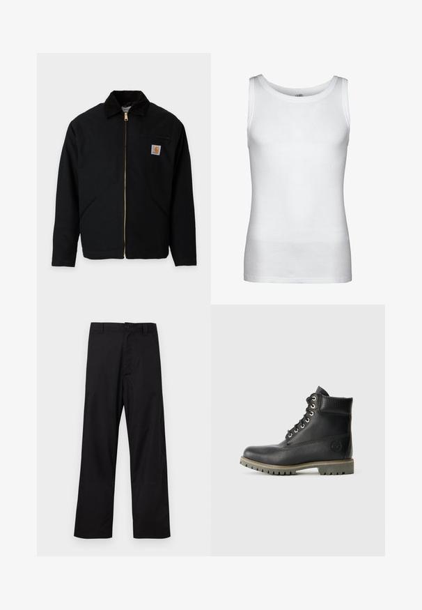 Čierna bunda na zips s manšestrovým golierom, dvoma bočnými vreckami, vreckom na hrudi so zipsom a nášivkou s logom Carhartt na hrudi.; Biely rebrovaný tielkový top bez rukávov s okrúhlym výstrihom a rovný lemom, zobrazený na jednoduchom pozadí.; Čierne nohavice s rovnými nohavicami, zapínanie na gombík a zips, pútka na opasok, zobrazené na svetlom pozadí.; Čierne kožené členkové topánky s šnurovacími detailmi, polstrovaným golierom a štruktúrovanou panelou. Majú robustnú podrážku a embosované logo na boku.