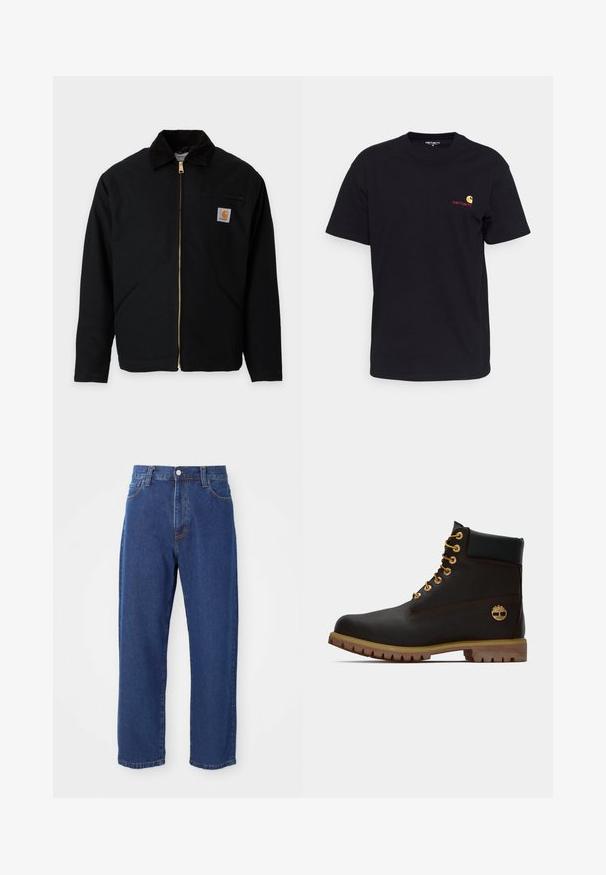 Schwarze Jacke mit Reißverschluss und Cordkragen, zwei seitlichen Taschen, einer Reißverschlusstasche auf der Brust und einem Carhartt-Logo-Patch auf der Brust.; Schwarzes Baumwoll-T-Shirt mit kurzen Ärmeln, rundem Halsausschnitt und kleinem bunten Logo auf der linken Brust. Klassischer Schnitt mit glatter Textur.; Hoch taillierte blaue Jeans aus Denim, mit geradem Bein, sichtbaren Nähten und einem Frontknopfverschluss.; Schwarze Leder-Ankle-Boots mit goldenen Ösen, braunen Akzenten und einer Gummisohle. Verfügt über einen gepolsterten Schaft und ein geprägtes Logo an der Seite.