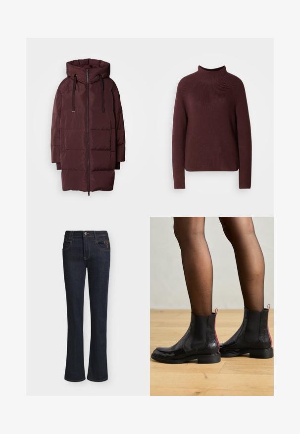 Mos Mosh MMNOVA AVON DOWN JACKET - Vinterfrakke - fudge; Bordeaux sweater med høj hals, ribbet tekstur og lange ærmer. Har en let boxy form og en kant, der falder ved hoften.; Mørkeblå denimjeans med lette vide ben, frontknap og lynlåslukning, forlommer og synlige syningsdetaljer.; Billi Bi Støvletter - black combination/red