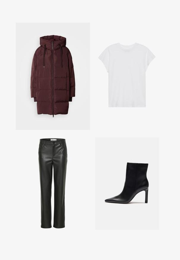 Mos Mosh MMNOVA AVON DOWN JACKET - Manteau d'hiver - fudge; T-shirt blanc à manches courtes, col rond, coupe décontractée, en tissu de coton doux. Texture lisse, sans motifs ni logos.; Pantalons en cuir noir avec une coupe droite, dotés de poches avant et d'une fermeture à bouton. Texture lisse avec une apparence élégante.; Zign Bottines à talons hauts - black