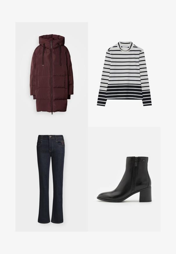 Mos Mosh MMNOVA AVON - Gewatteerde jas - fudge; Langarmshirt van katoen, met horizontale zwart-witte strepen, een hoge opstaande kraag en een losse pasvorm met zijsplitsen.; Donkerblauwe denim jeans met licht uitlopende pijpen, vooraan knoop- en ritsluiting, voorzakken en zichtbare stikseldetails.; Zwarte enkellaarsjes van soepel leer met een zijrits. Kenmerken zijn een spitse neus en een geprofileerde blokhak voor stabiliteit.